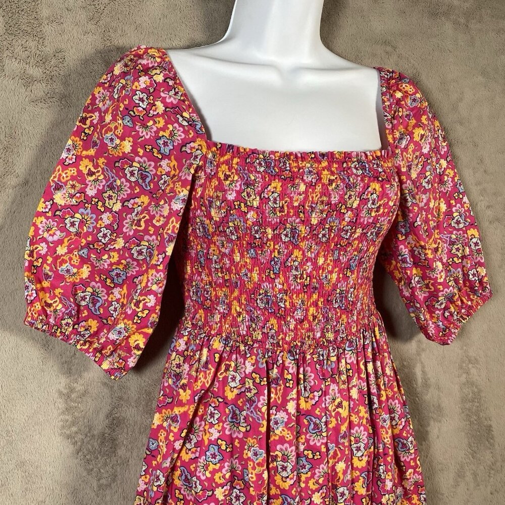 House of Harlow Floral Smocked Midi Dress XS Square Puff Sleeve Prairie Cottage - Picture 3 of 12
